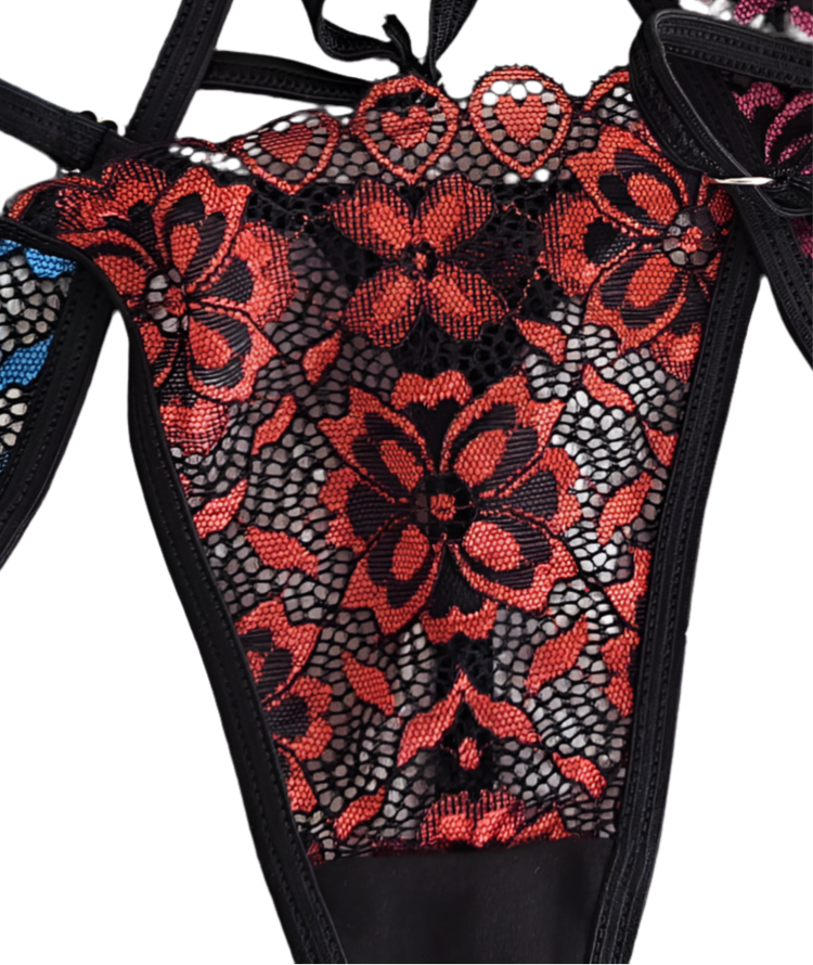 Black Floral Lace V-String