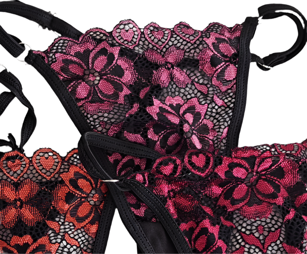Black Floral Lace V-String