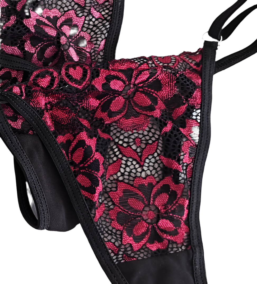 Black Floral Lace V-String