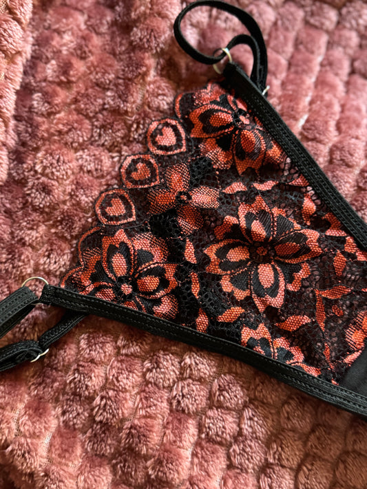 Black Floral Lace V-String